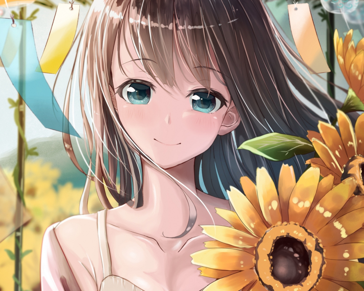 Улыбающаяся девушка аниме с цветами подсолнуха
