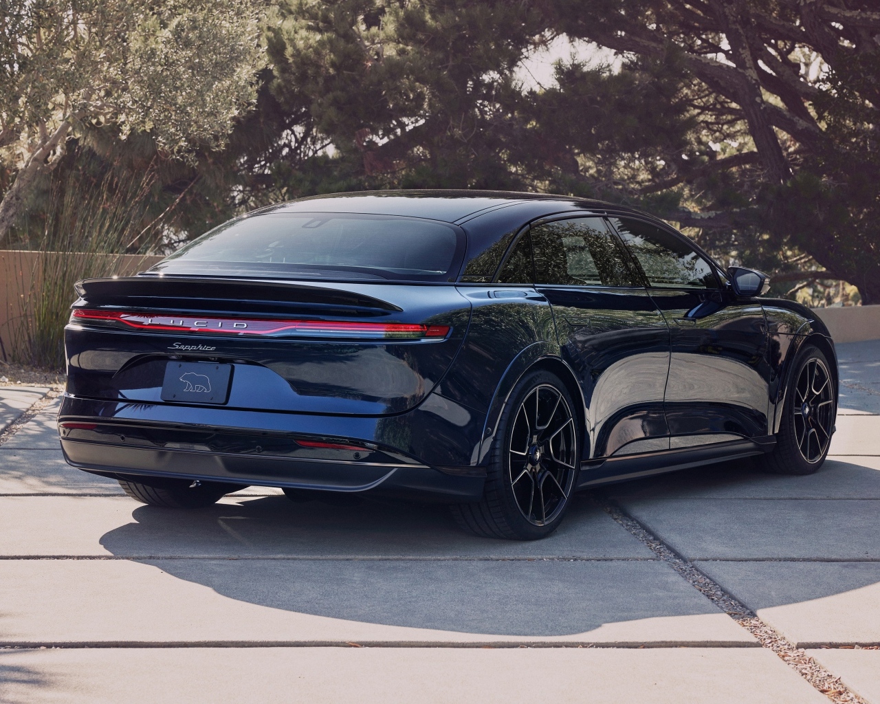 Вид сзади на автомобиль Lucid Air Sapphire 2023  года