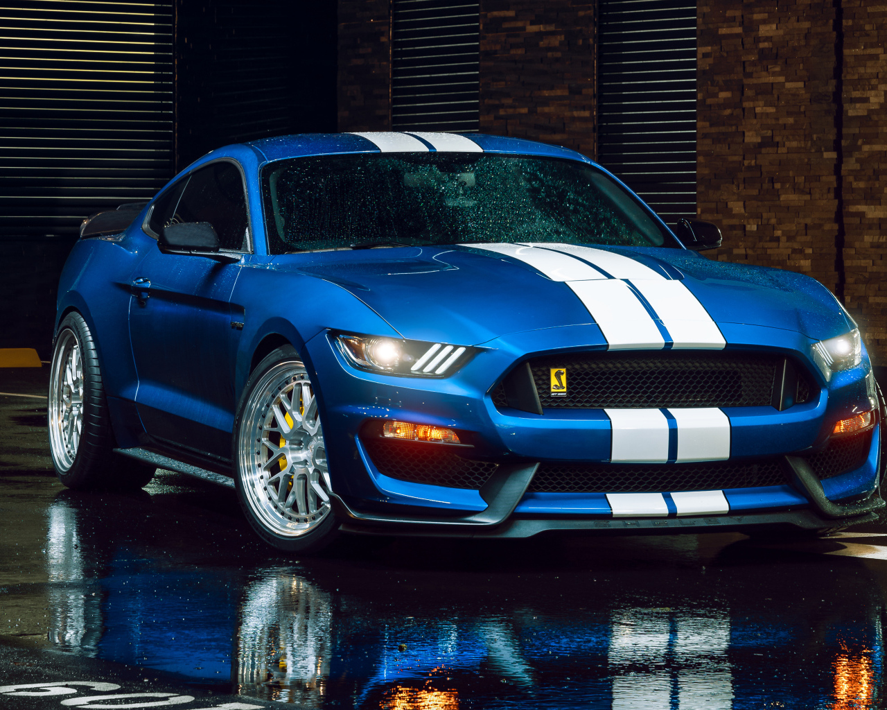 Спорткар Shelby GT350 на мокром асфальте