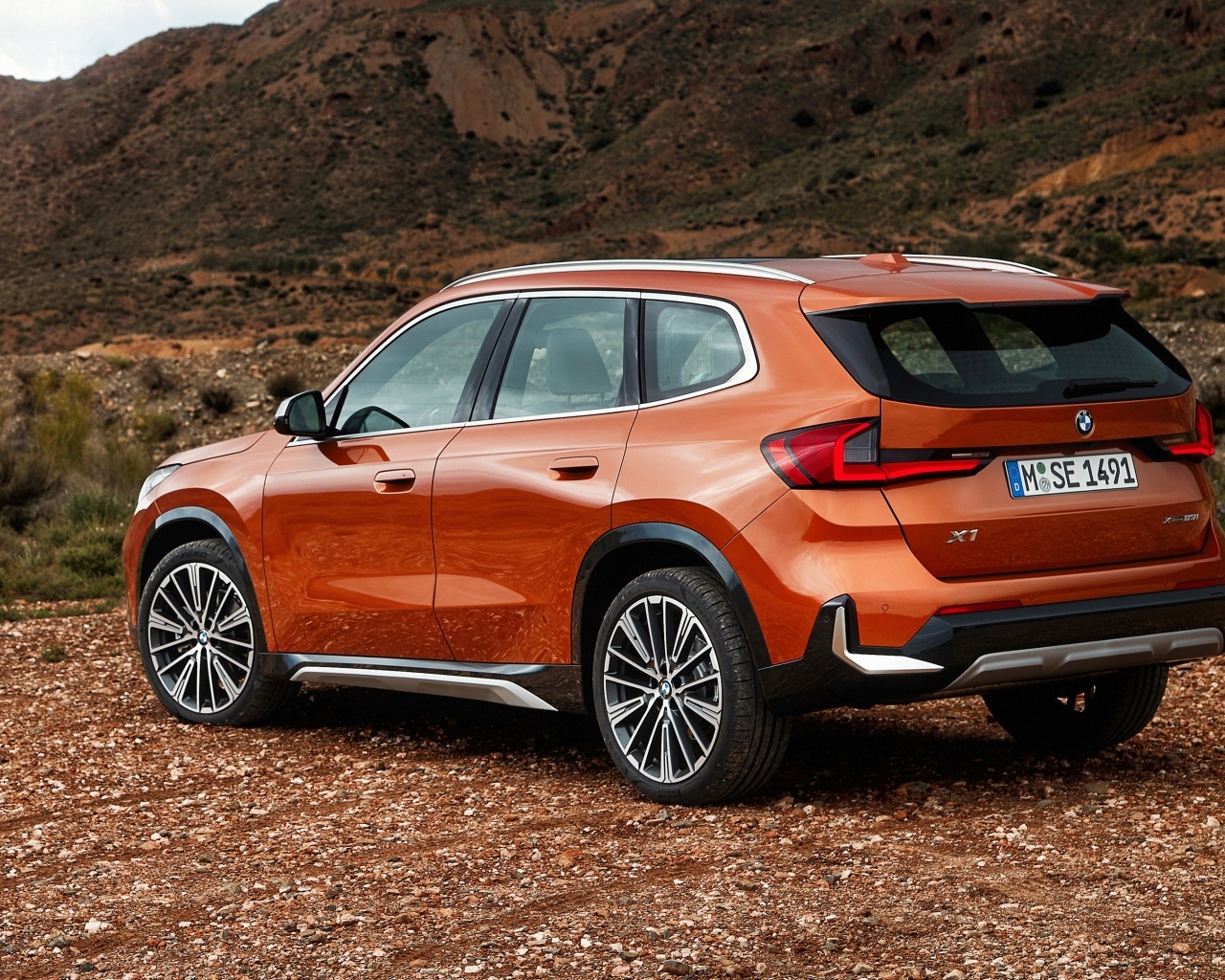 Красный автомобиль BMW X1  вид сзади