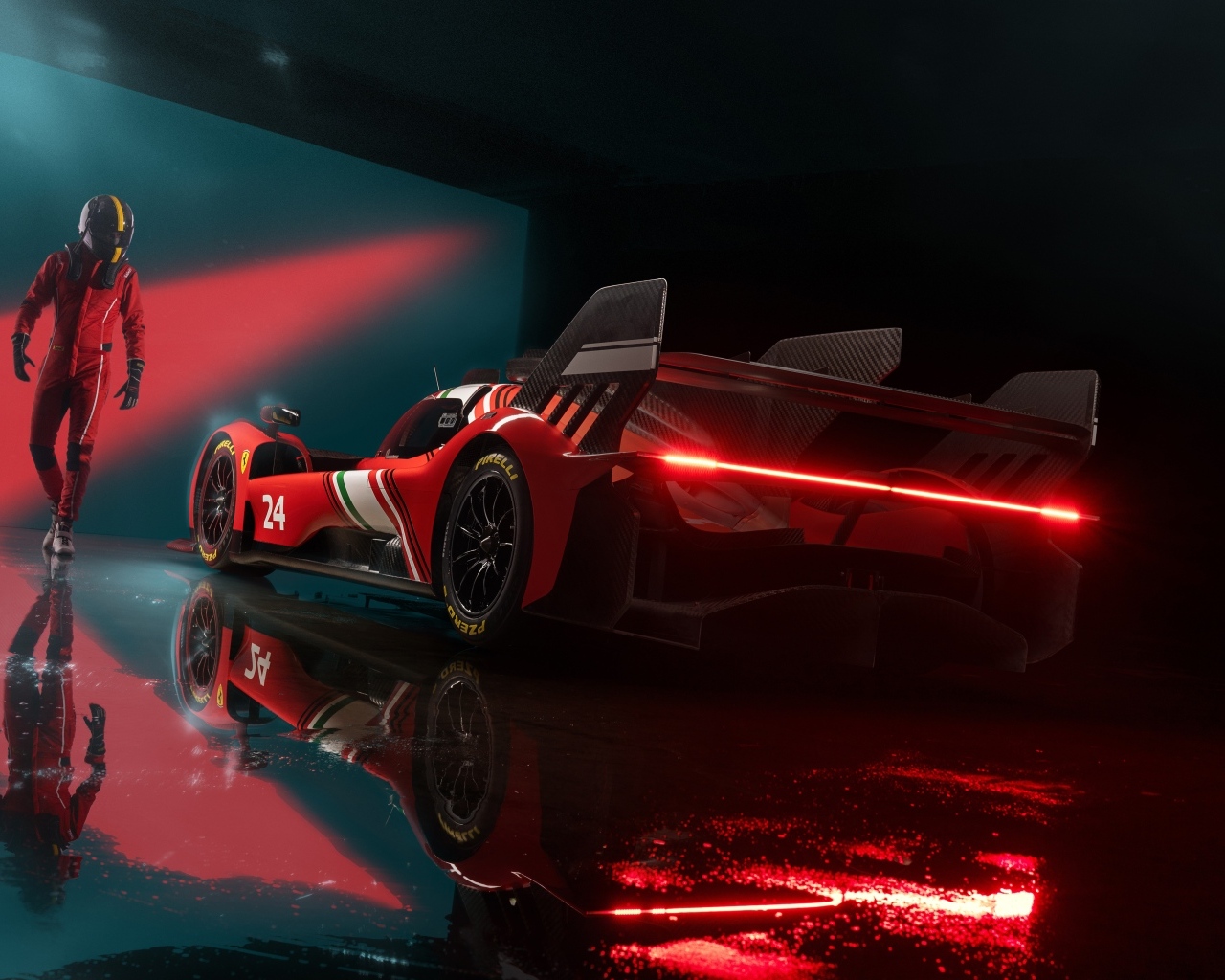 Красный спортивный автомобиль Ferrari 499P Modificata готовится к гонке