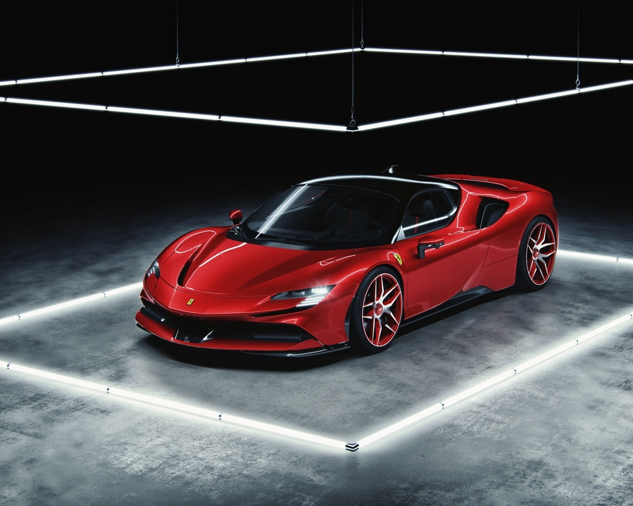Красный автомобиль Ferrari SF90 Stradale в комнате