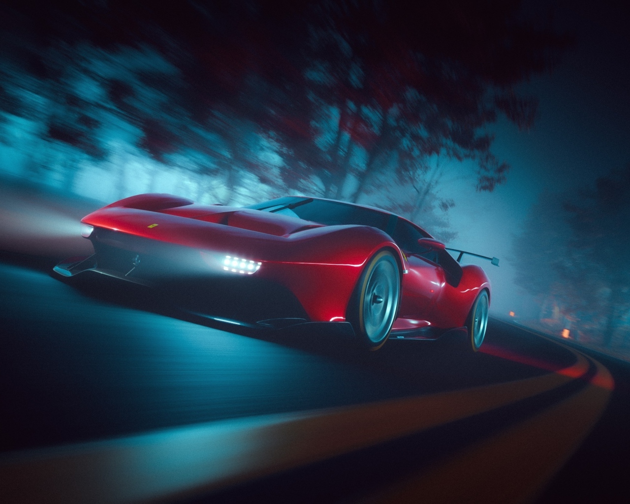 Красный автомобиль Ferrari P80C ночью на трассе