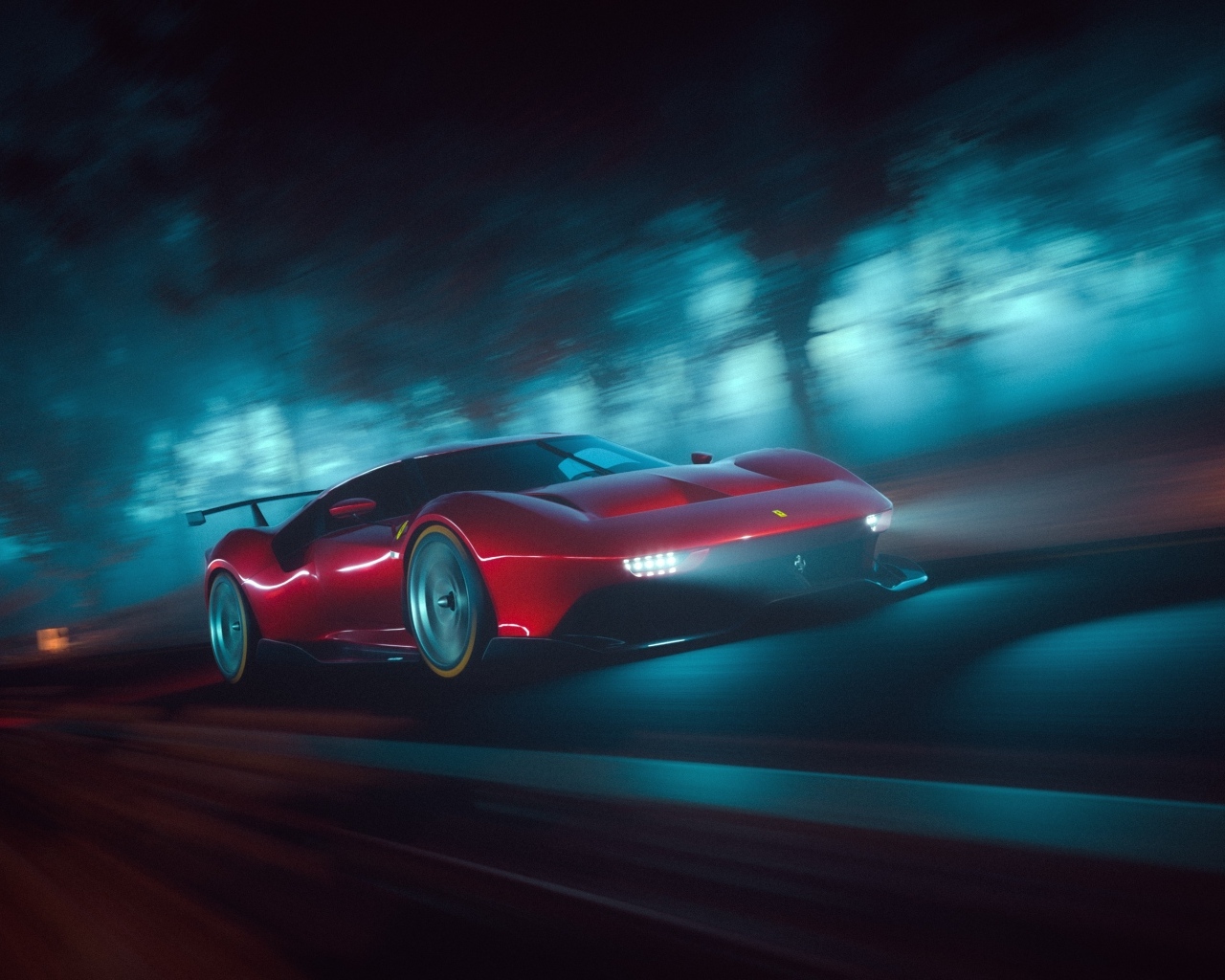 Красный автомобиль Ferrari P80C на трассе