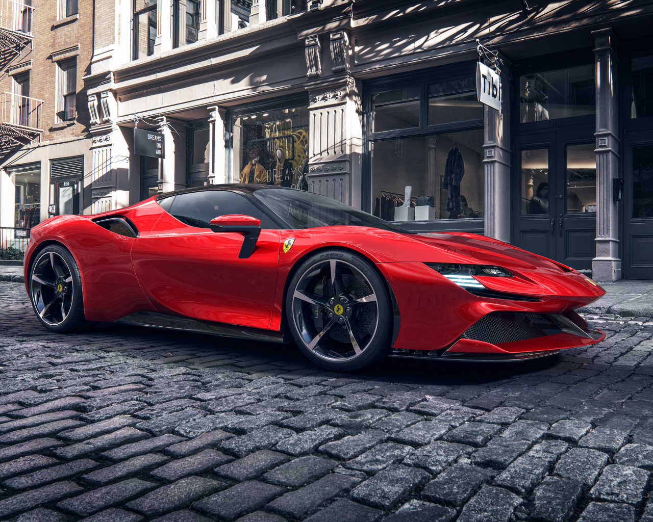 Красный автомобиль Ferrari SF90 Stradale в городе