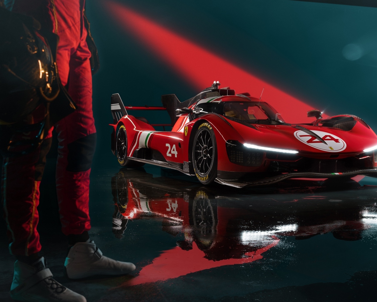 Красный стильный гоночный автомобиль Ferrari 499P Modificata