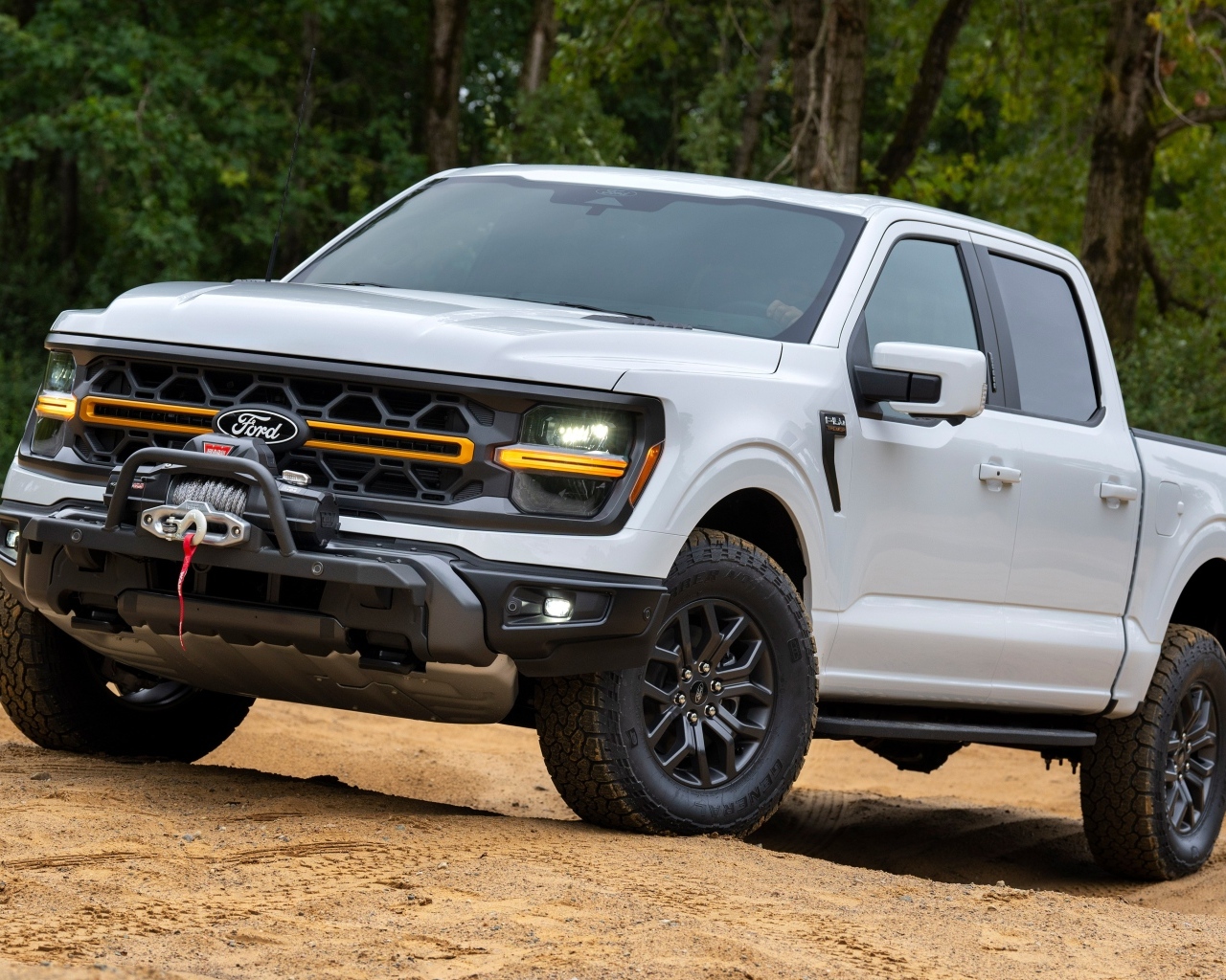 Большой Ford F-150 Tremor  2024 года стоит на песке