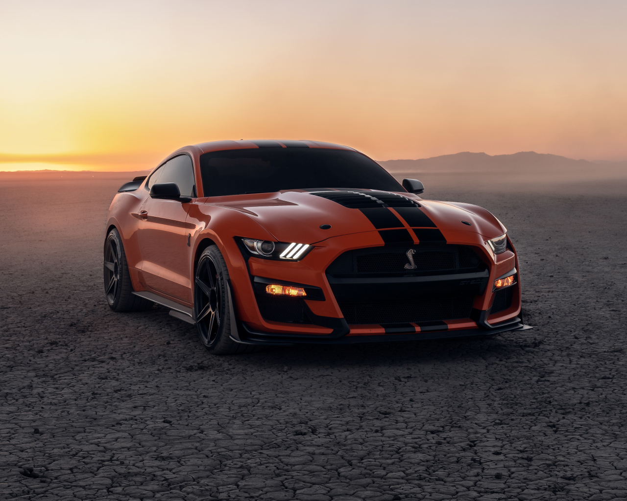 Красный  Ford Shelby GT500 на фоне заката