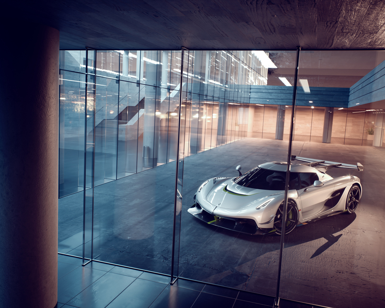 Автомобиль Koenigsegg Jesko у стекла