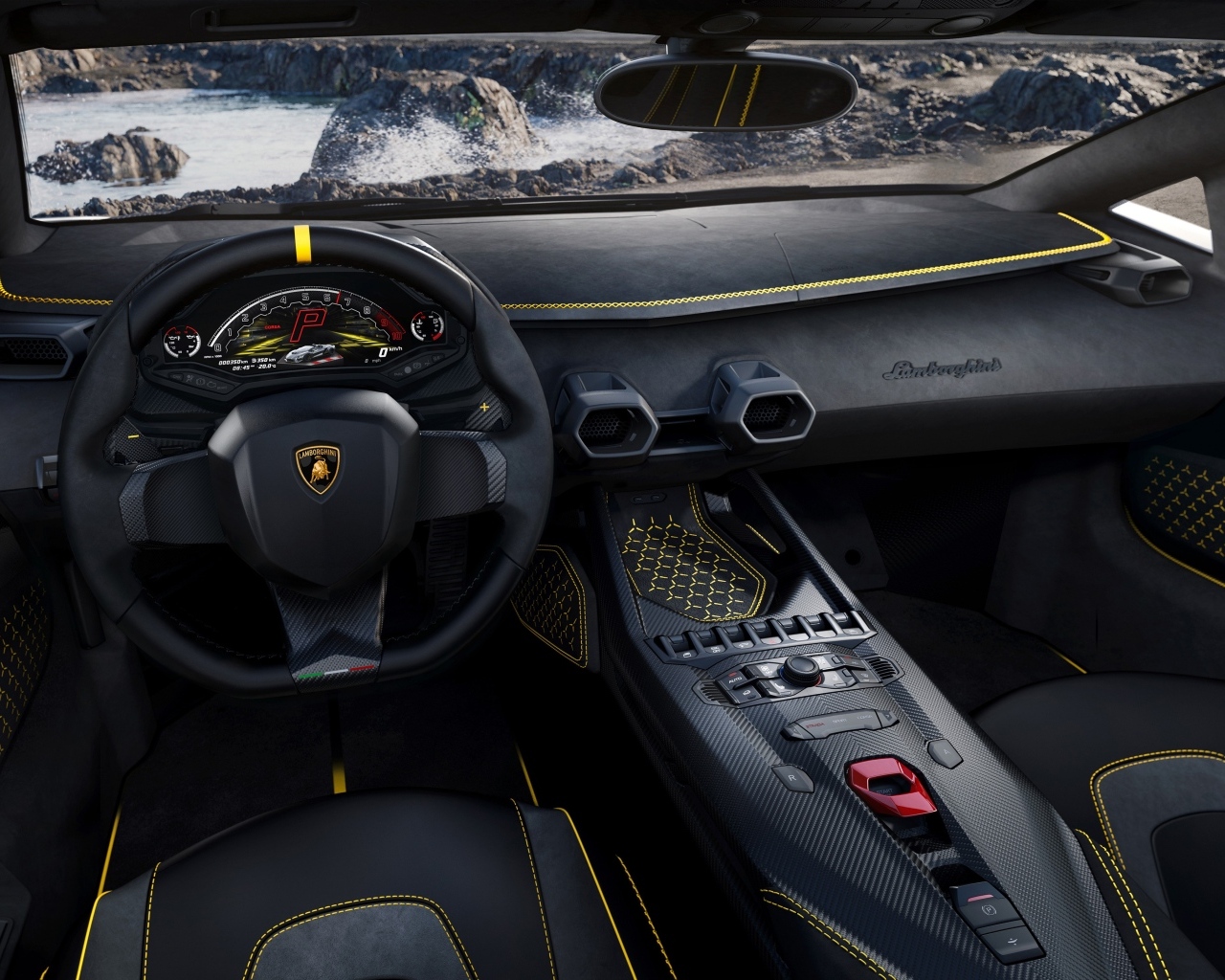 Черный кожаный салон автомобиля Lamborghini Autentica 2024