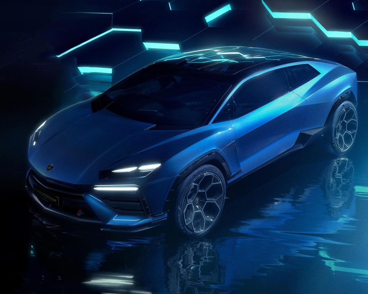 Презентация автомобиля Lamborghini Lanzador Concept EV на синем фоне
