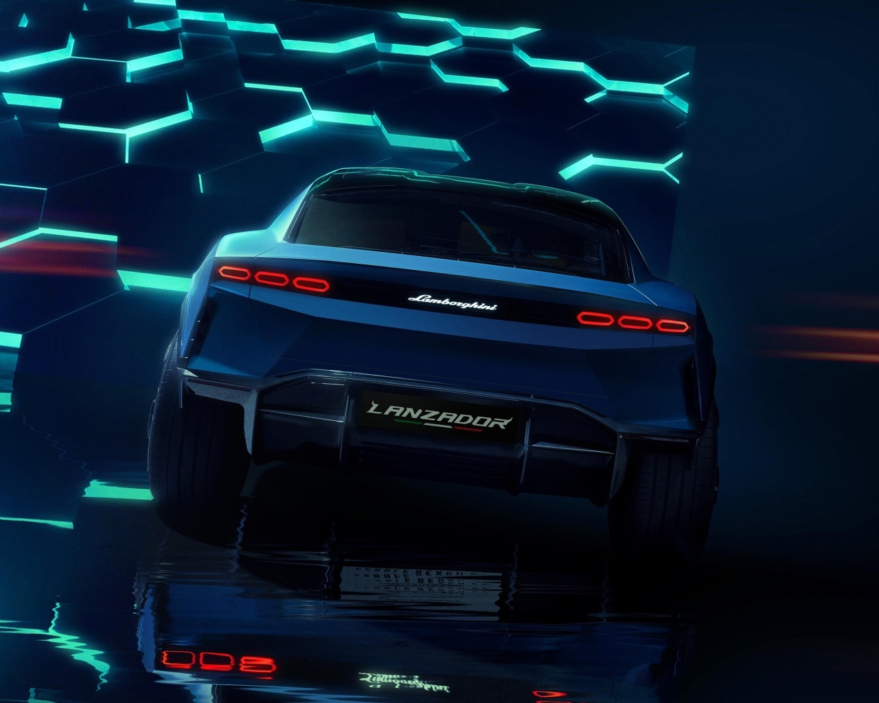 Вид сзади на автомобиль Lamborghini Lanzador Concept EV