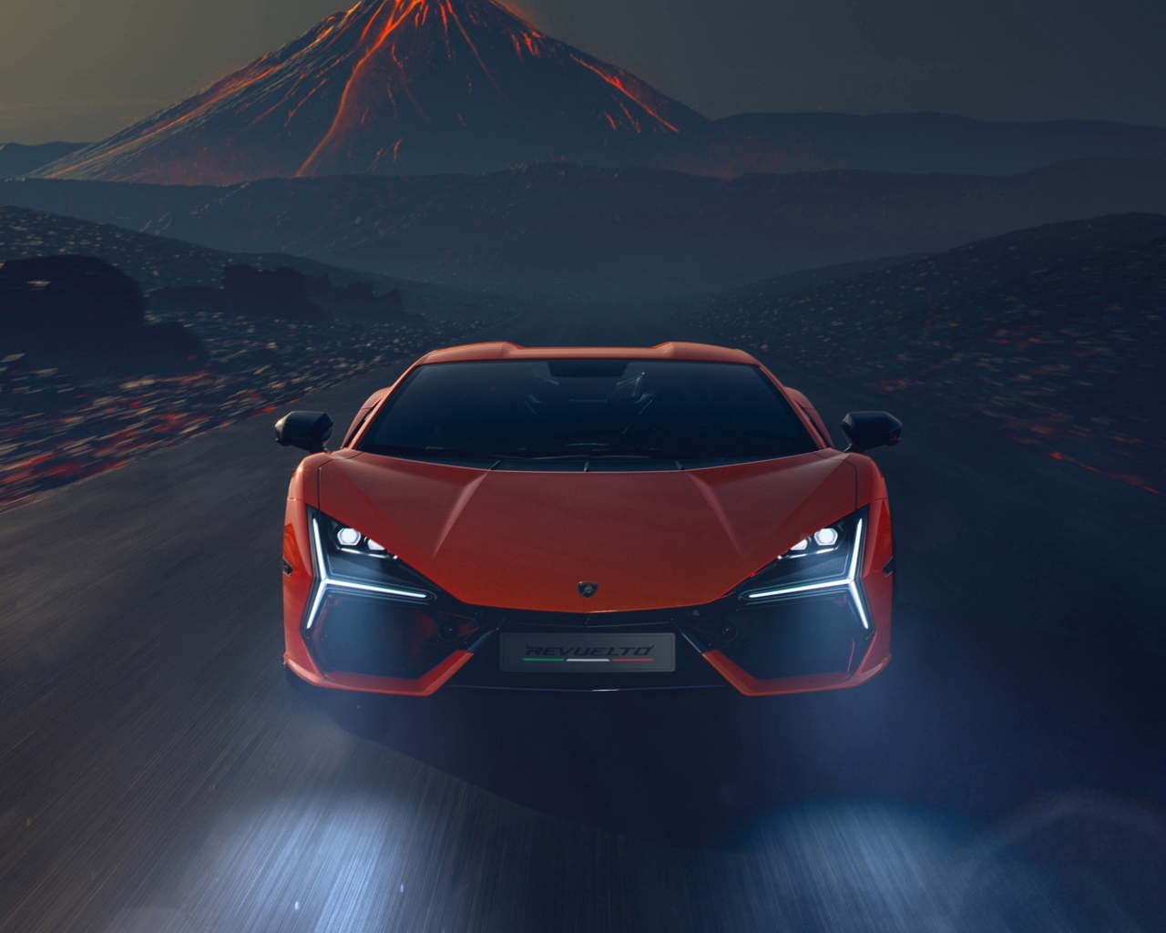 Спортивный Lamborghini Revuelto на фоне вулкана