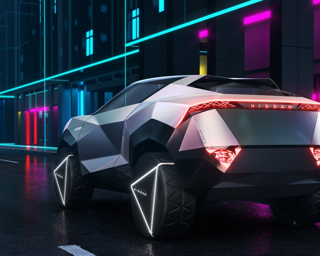 Вид сзади на футуристический автомобиль Nissan Hyper Punk