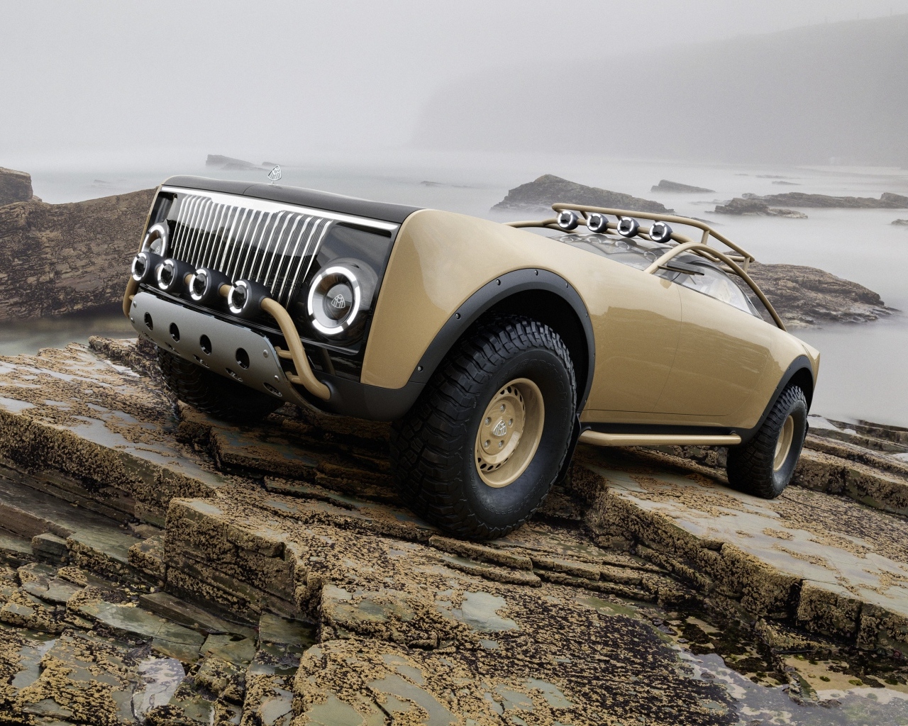 Автомобиль Maybach With Virgil Abloh стоит на камнях