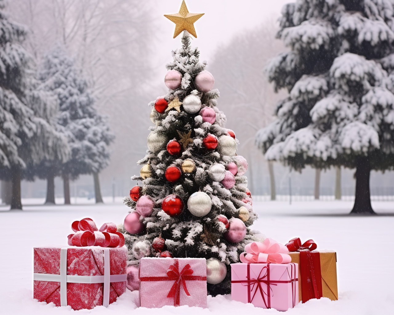 Красивая рождественская ель с подарками на снегу