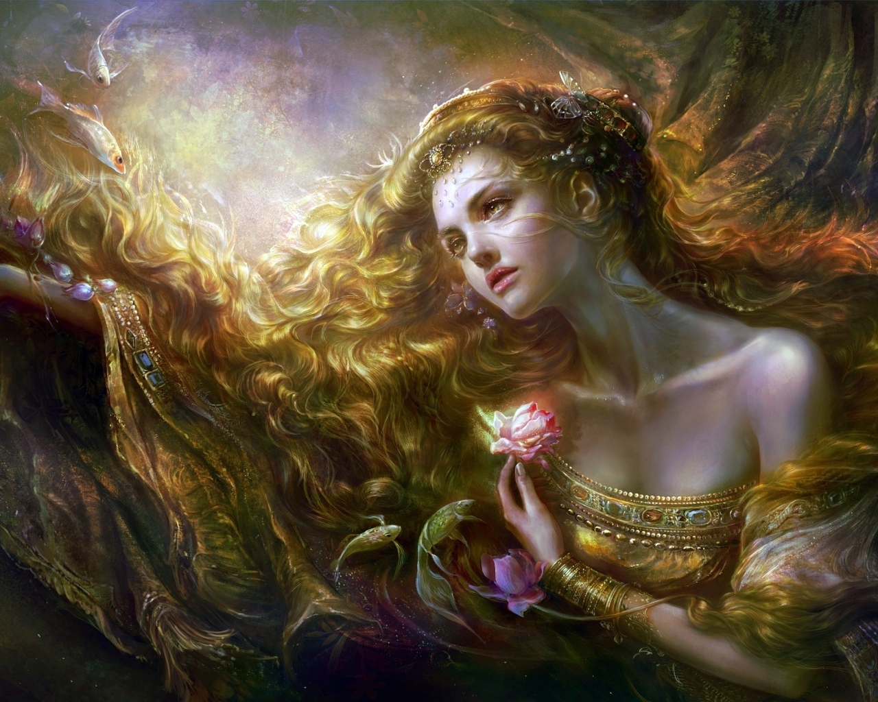 Красивая нарисованная девушка с длинными волосами