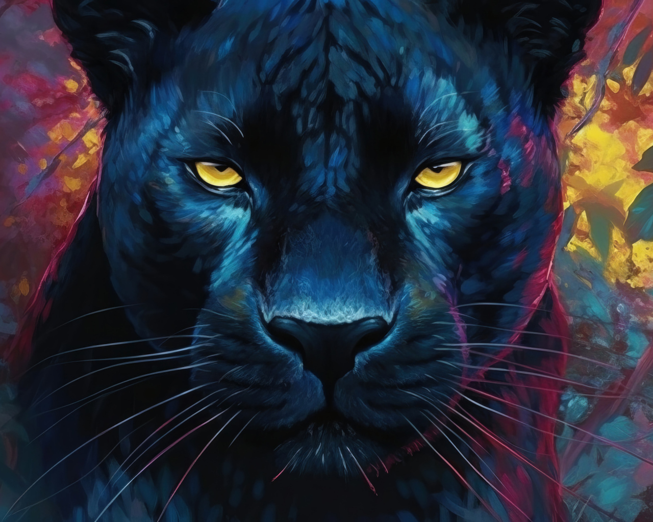 Нарисованная черная пантера в зарослях