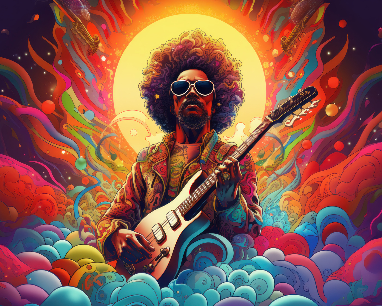 Нарисованный мужчина гитарист на разноцветном фоне