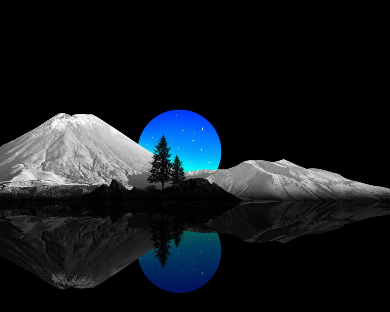 Нарисованные горы и луна на черном фоне