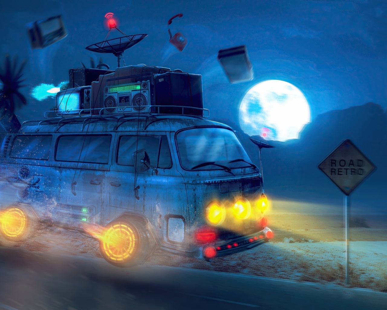 Нарисованный ретро автомобиль на дороге ночью