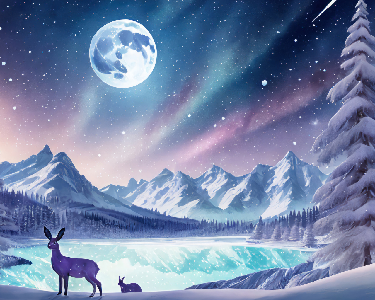 Нарисованный зимний пейзаж в лесу