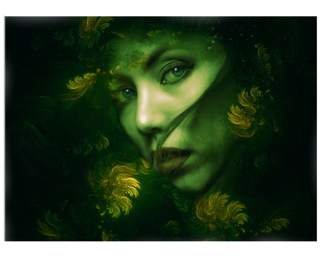 Нарисованная красивая девушка на зеленом фоне