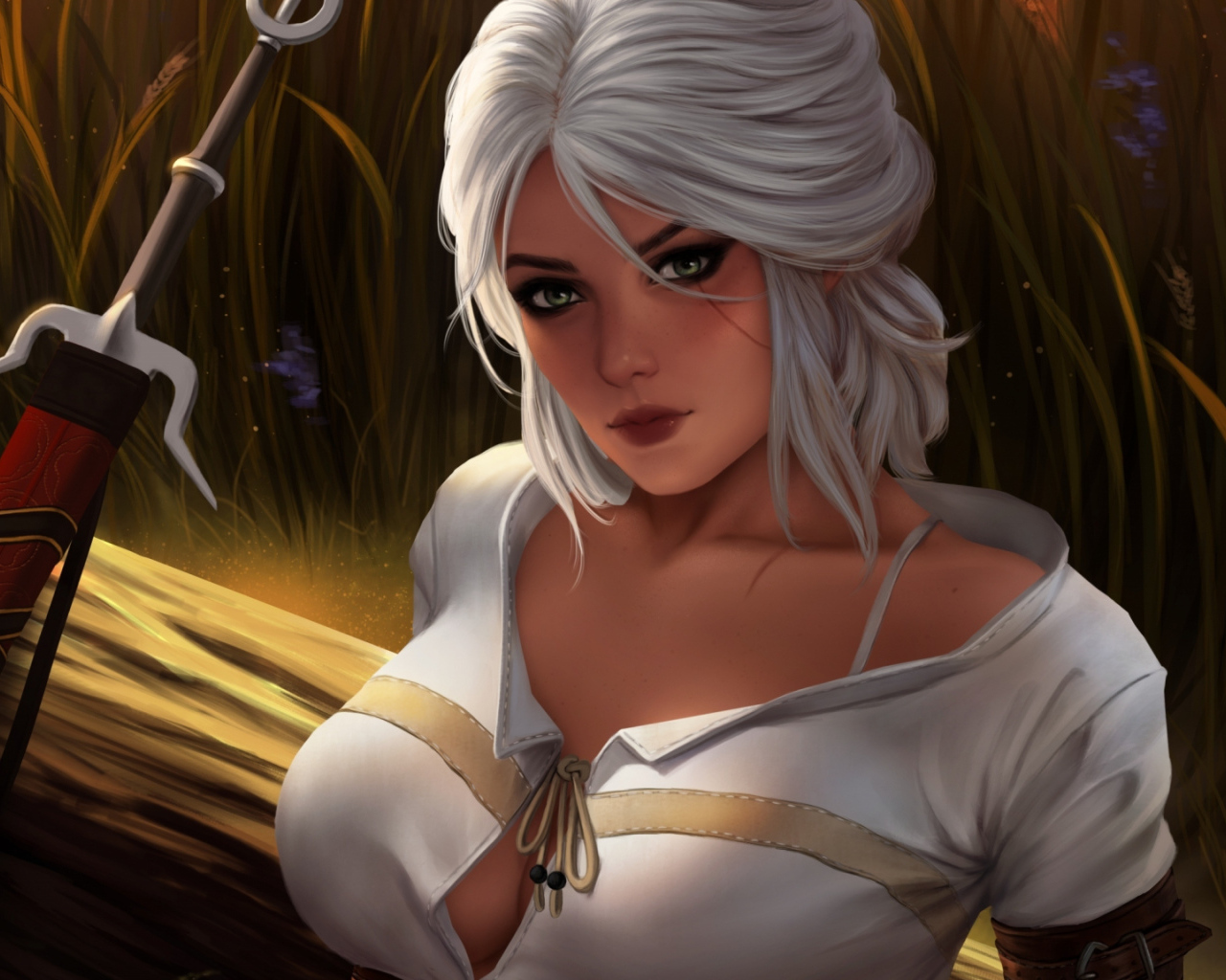 Нарисованная светловолосая девушка воин с мечом