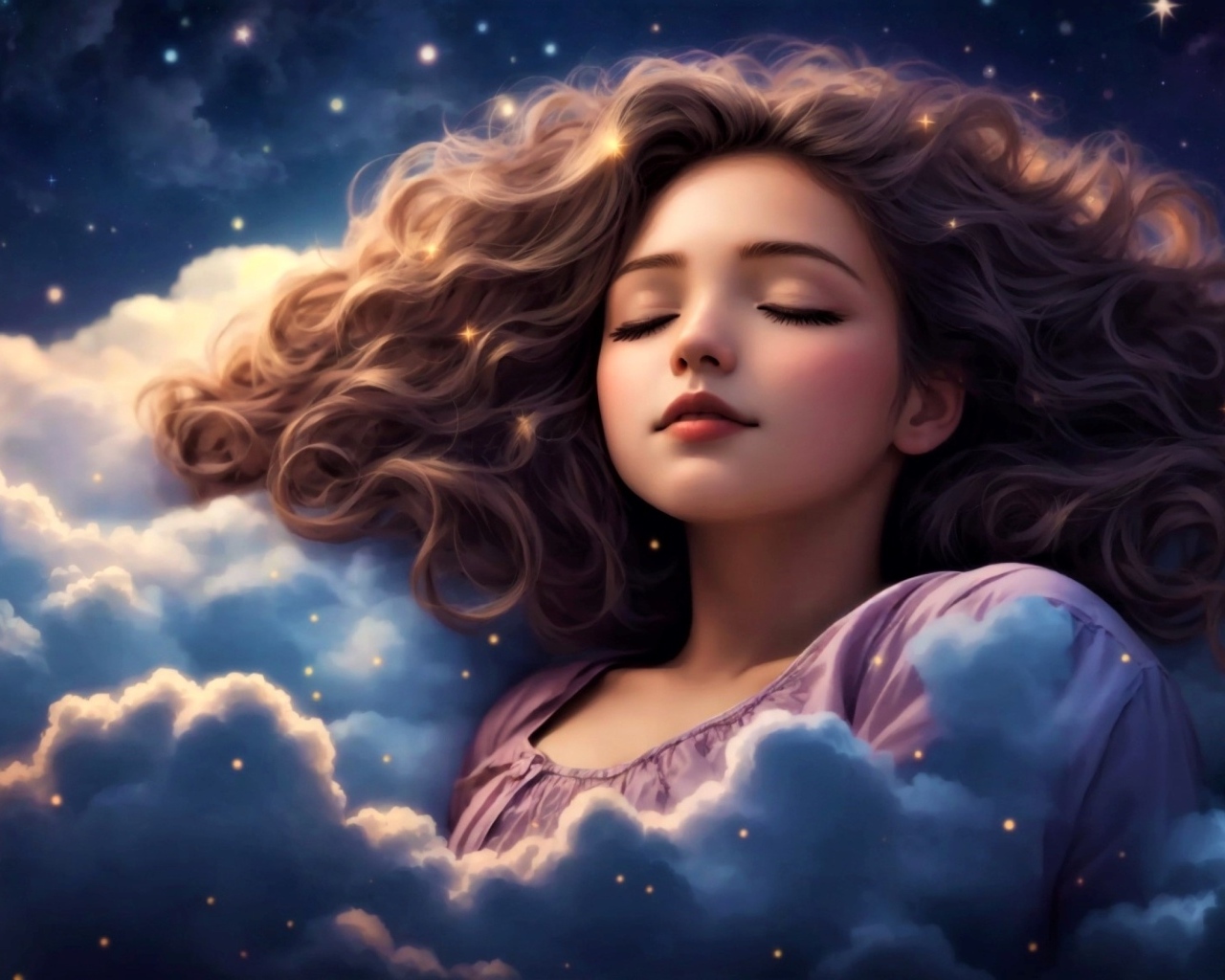 Нарисованная девушка спит в белых облаках