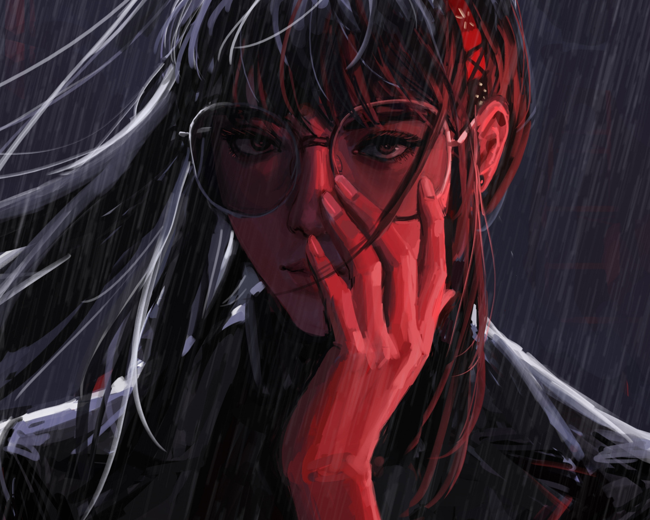 Нарисованная девушка в очках под дождем