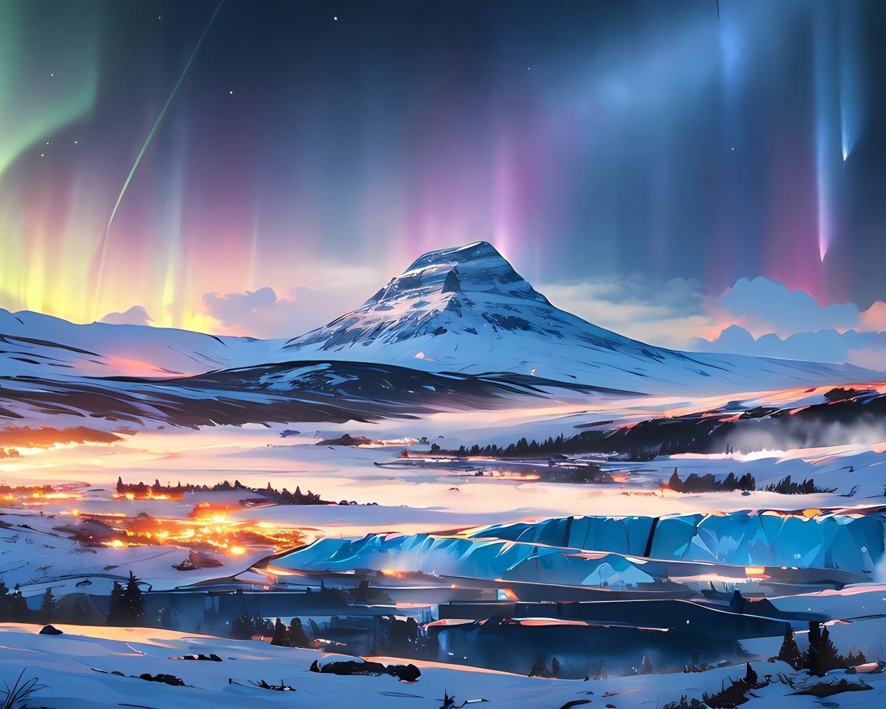 Нарисованная гора с полярным сиянием