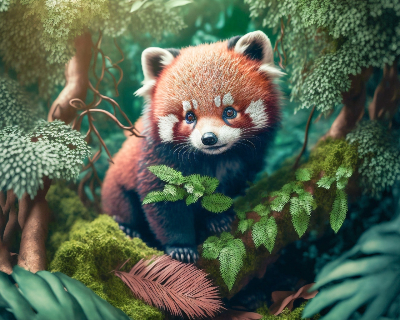 Нарисованная красная панда на ветке дерева