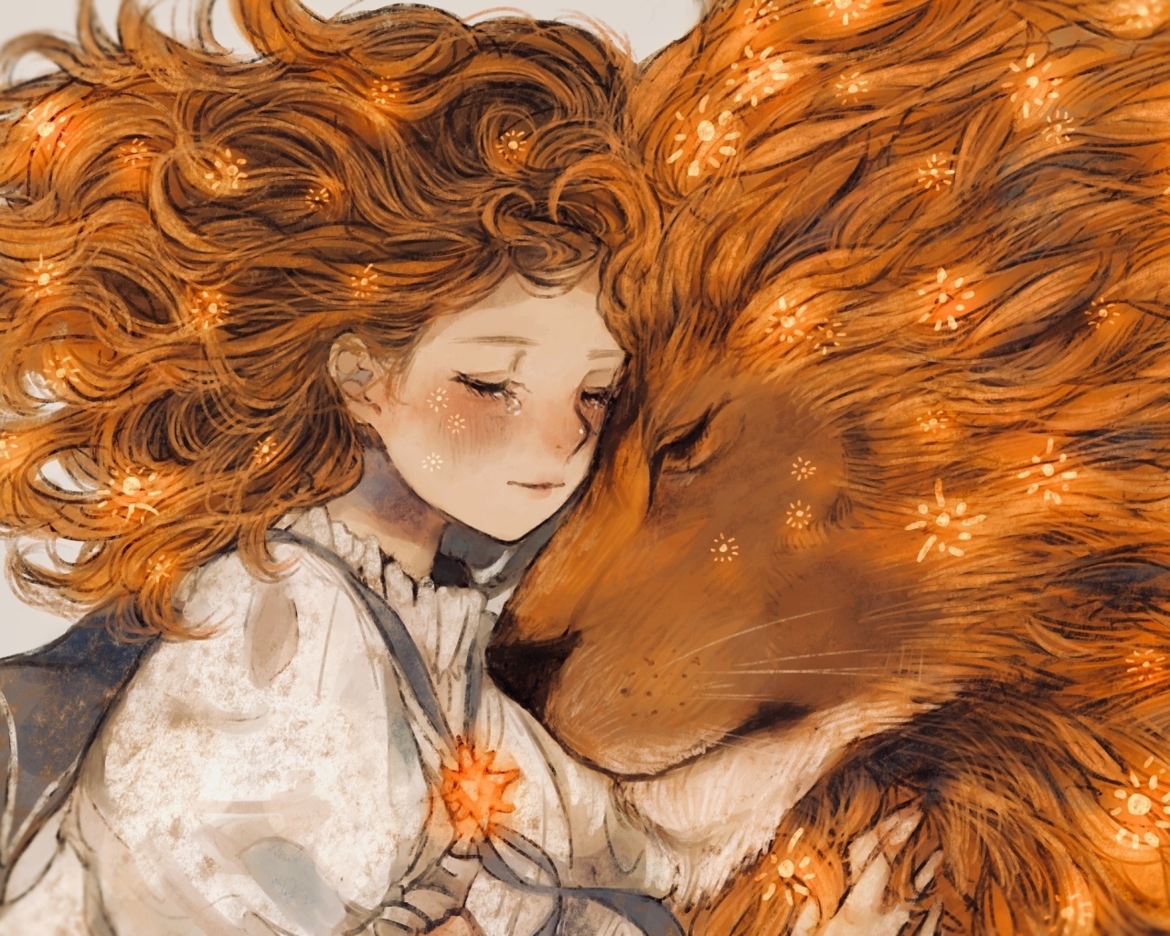 Нарисованная рыжеволосая девушка и лев