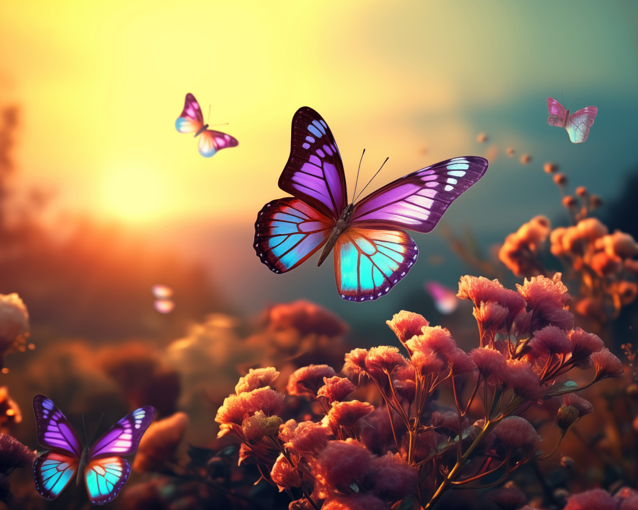 Красивые фантастические бабочки летают над цветами