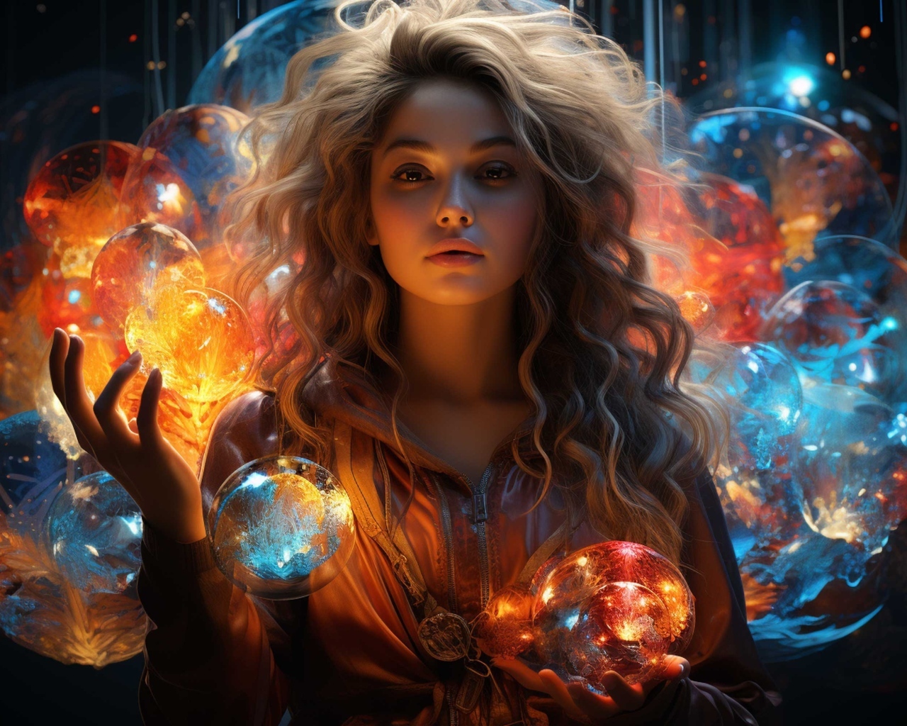 Красивая девушка с фантастическими светящимися шарами