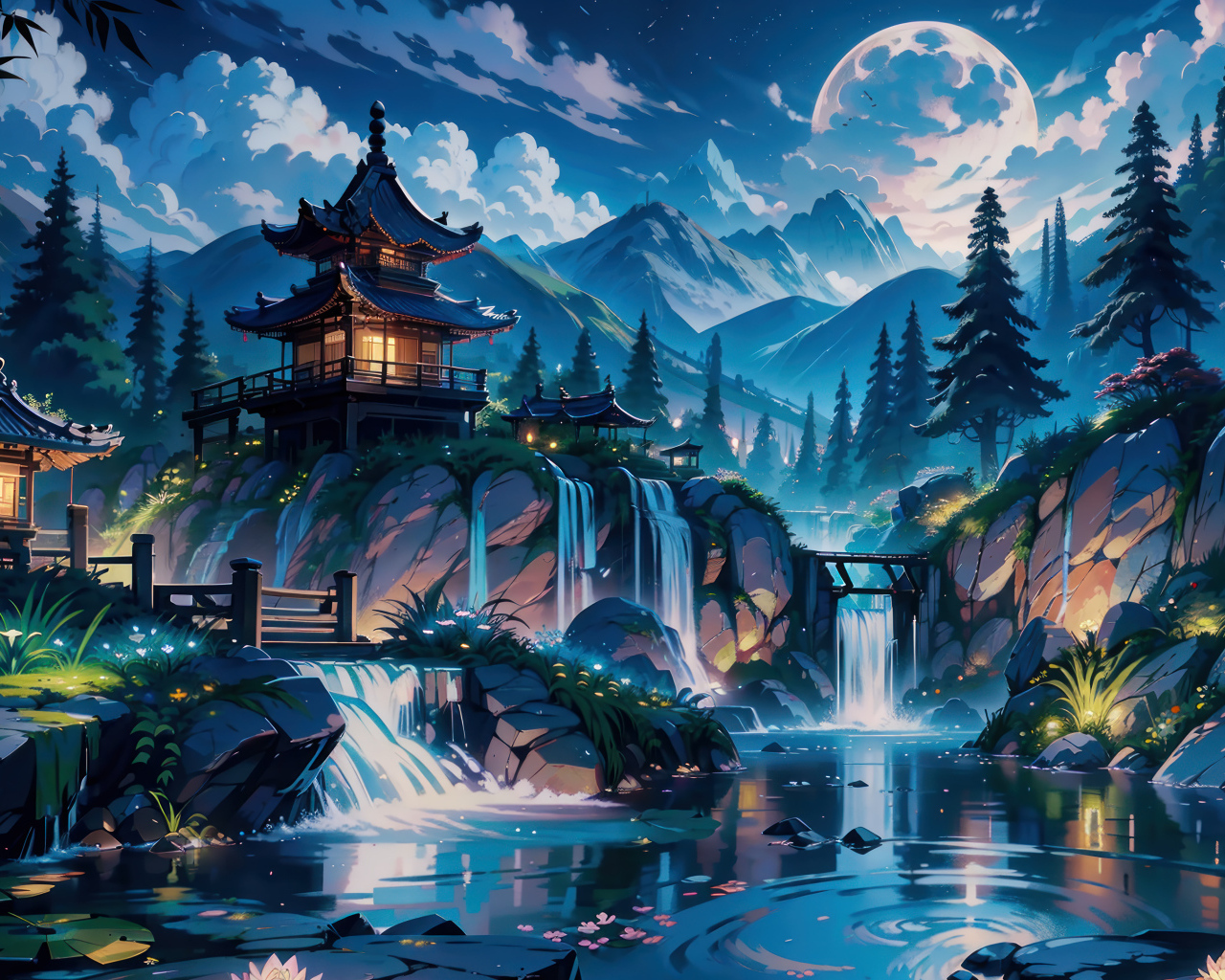 Красивый нарисованный китайский храм у пруда в горах