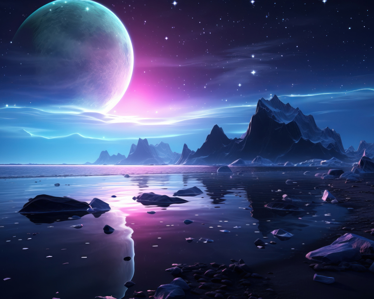 Большая фантастическая луна в небе над озером