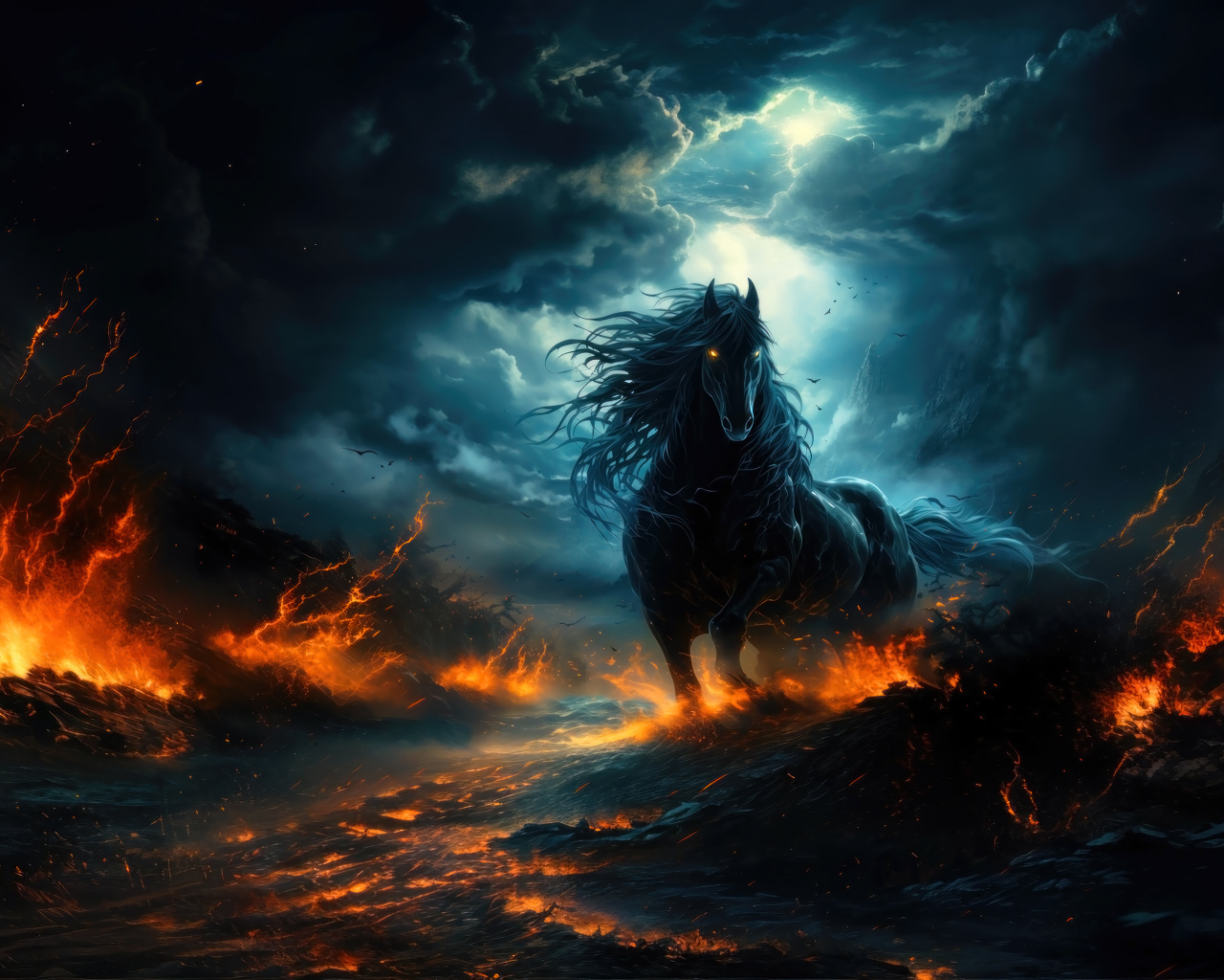 Черный фантастический конь на огненной земле