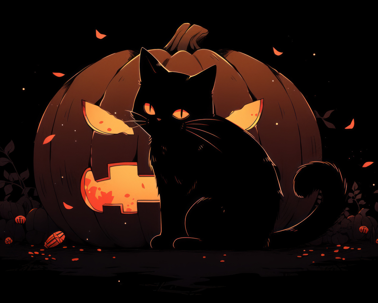 Черный котенок на фоне фонаря из тыквы