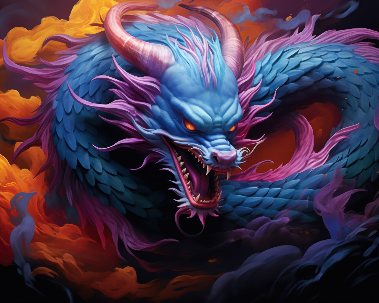 Синий нарисованный китайский дракон