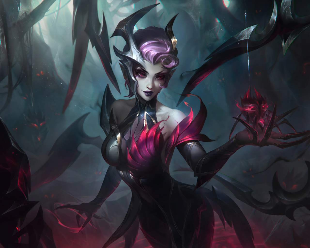 Девушка демон с пауком в руке