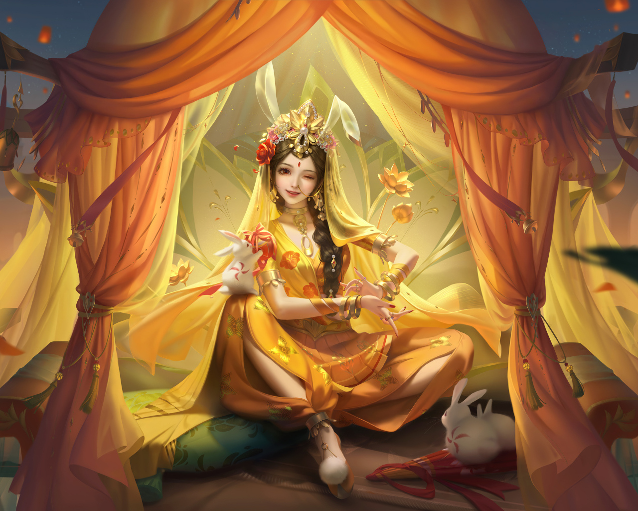 Фантастическая девушка азиатка сидит в шатре