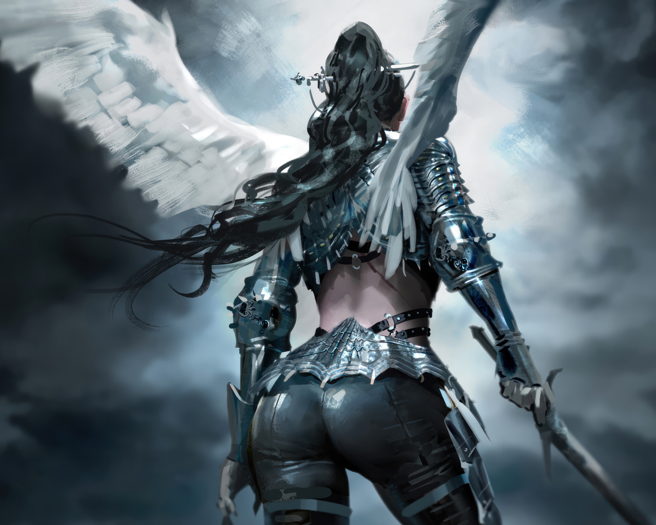 Фантастическая девушка ангел с оружием