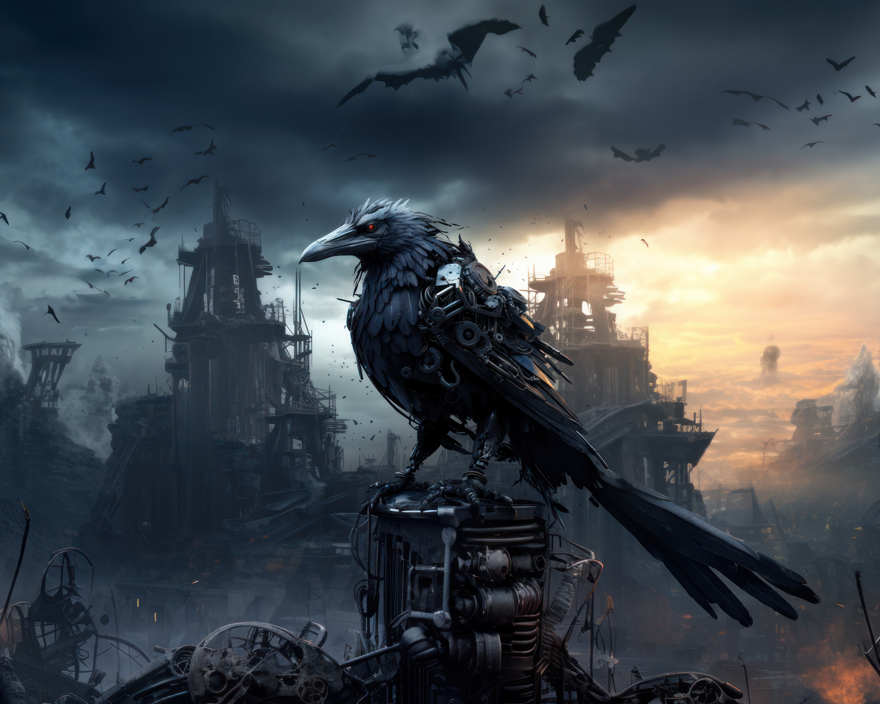 Фантастический черный ворон на фоне разрушенного города