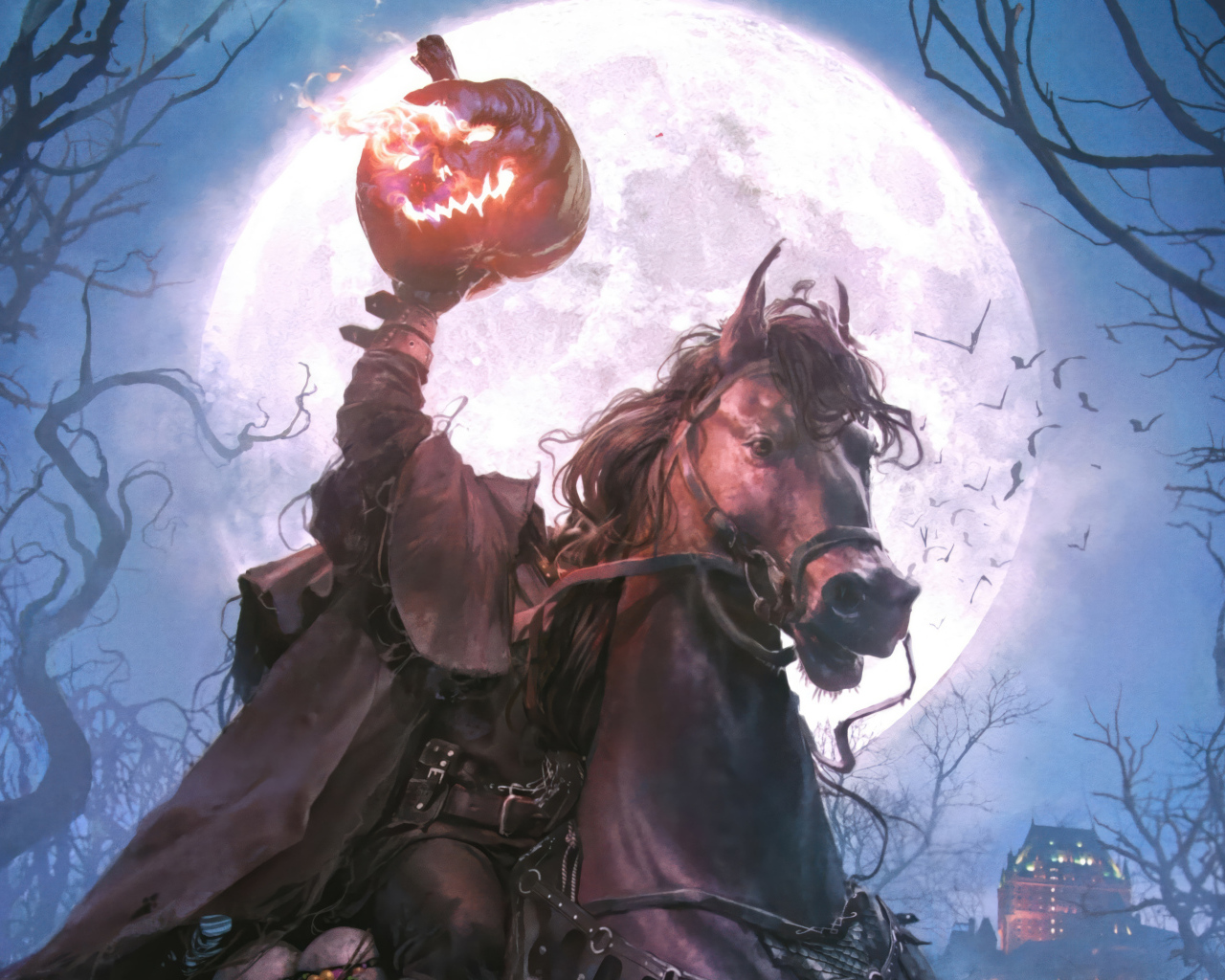 Фантастический всадник без головы с тыквой в руках