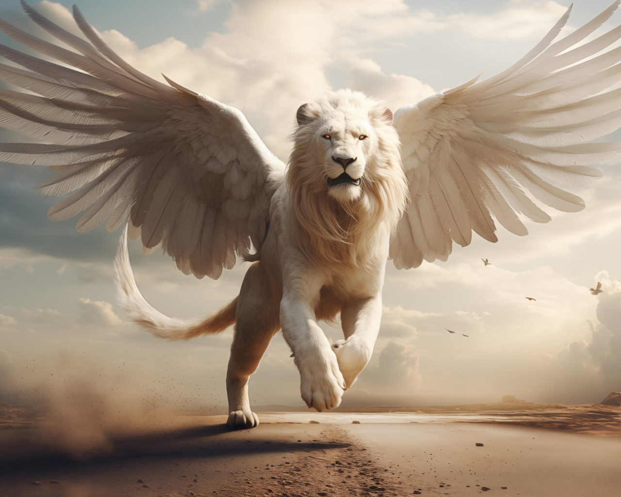 Фантастический лев с белыми крыльями