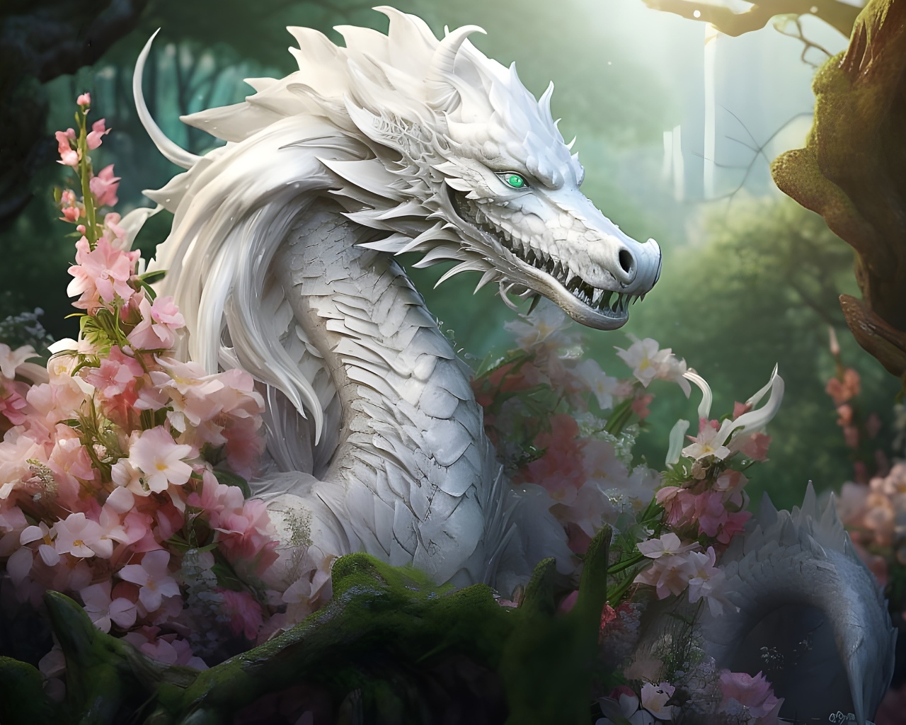Фантастический белый дракон в розовых цветах