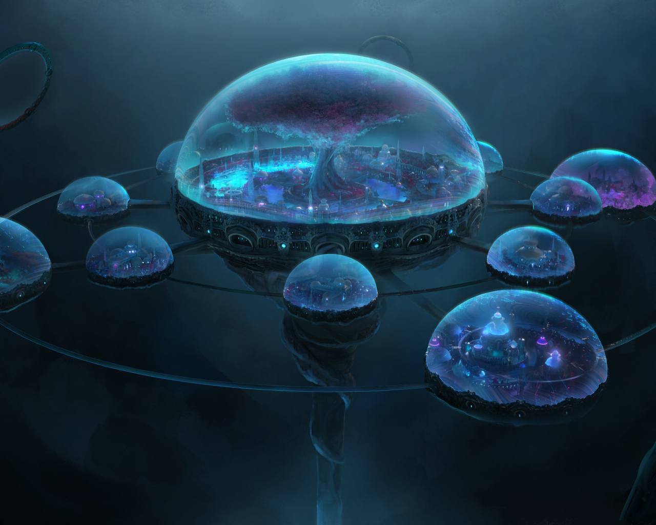 Фантастические города в неоновых сферах