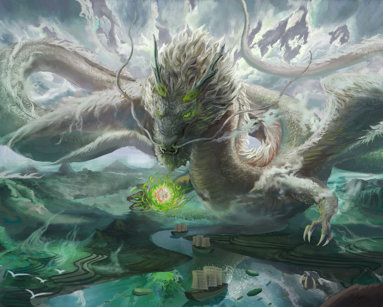 Фантастический дракон над рекой