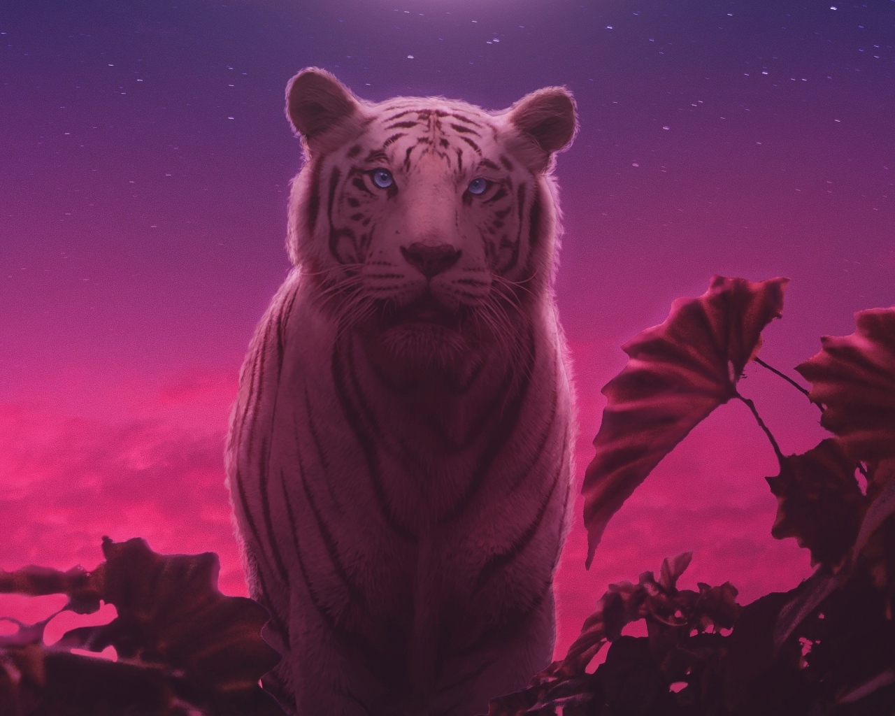 Фантастический тигр с зелеными листьями ночью